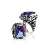 Woman sterling silver Mystic Topaz ring with cushion-cut Quartz and Balinese carvings – handcrafted jewelry